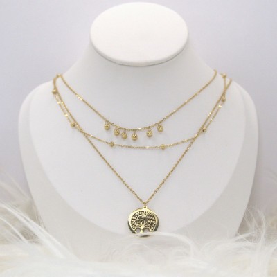 Ατσ΄άλινο τριπλό κολιέ με το δέντρο της ζωής σε χρυσό χρώμα