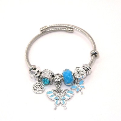 Ατσάλινο βραχιόλι με γαλάζια χάντρα, μεταλλικά στοιχεία και στρας