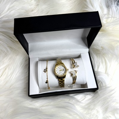  Σετ Δώρου ρολόι μπαταρίας με μεταλλικό μπρασελέ σε χρυσό χρώμα