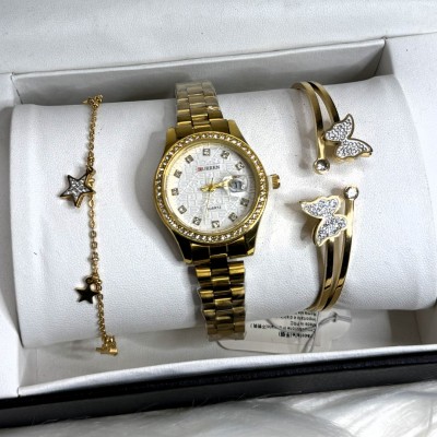  Σετ Δώρου ρολόι μπαταρίας με μεταλλικό μπρασελέ σε χρυσό χρώμα