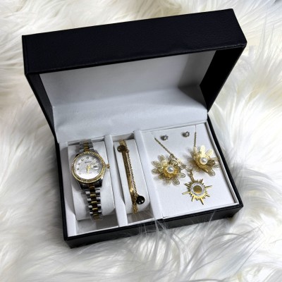 Σετ δώρου ρολόι μπαταρίας με δίχρωμο μεταλλικό μπρασελέ