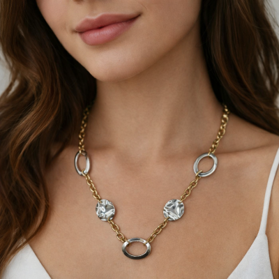 Ατσάλινο δίχρωμο κολιέ με σφυρήλατους κύκλους