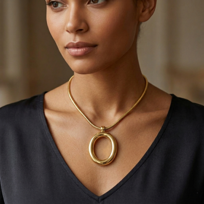 Ατσάλινο κολιέ σε χρυσό χρώμα με στρογγυλό στοιχείο