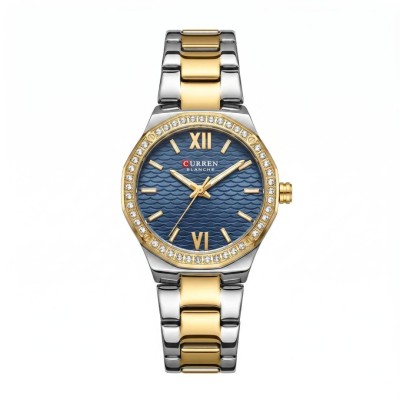 Curren γυναικείο ρολόι με δίχρωμο μεταλλικό μπρασελέ και μπλε στρόγγυλο καντράν διακοσμημένο με στρας